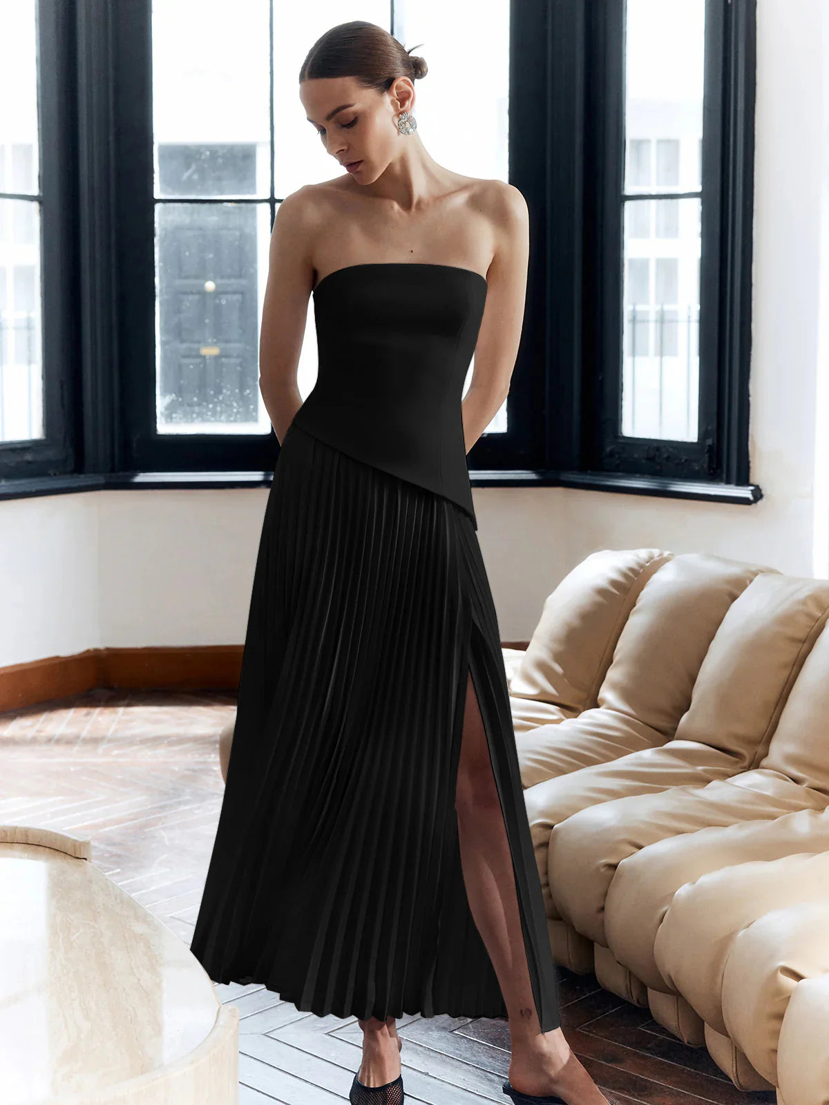 solid-pleated-strapless-split-dress-485